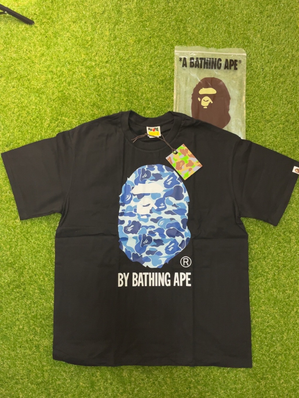 A Bathing Ape Black Short Sleeve Tee with Blue Camo Ape Logo